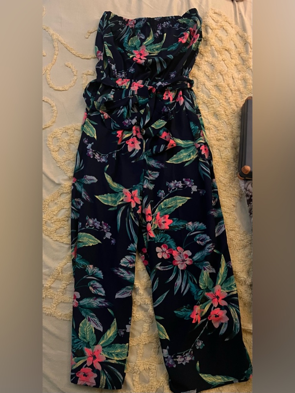 Blush Navy Tropical Strapless Jumpsuit with Pink & Green Floral Print